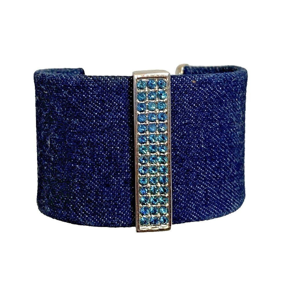 Swarovski Signed Denim 💎Blue Crystal Wide Cuff Bracelet Glam